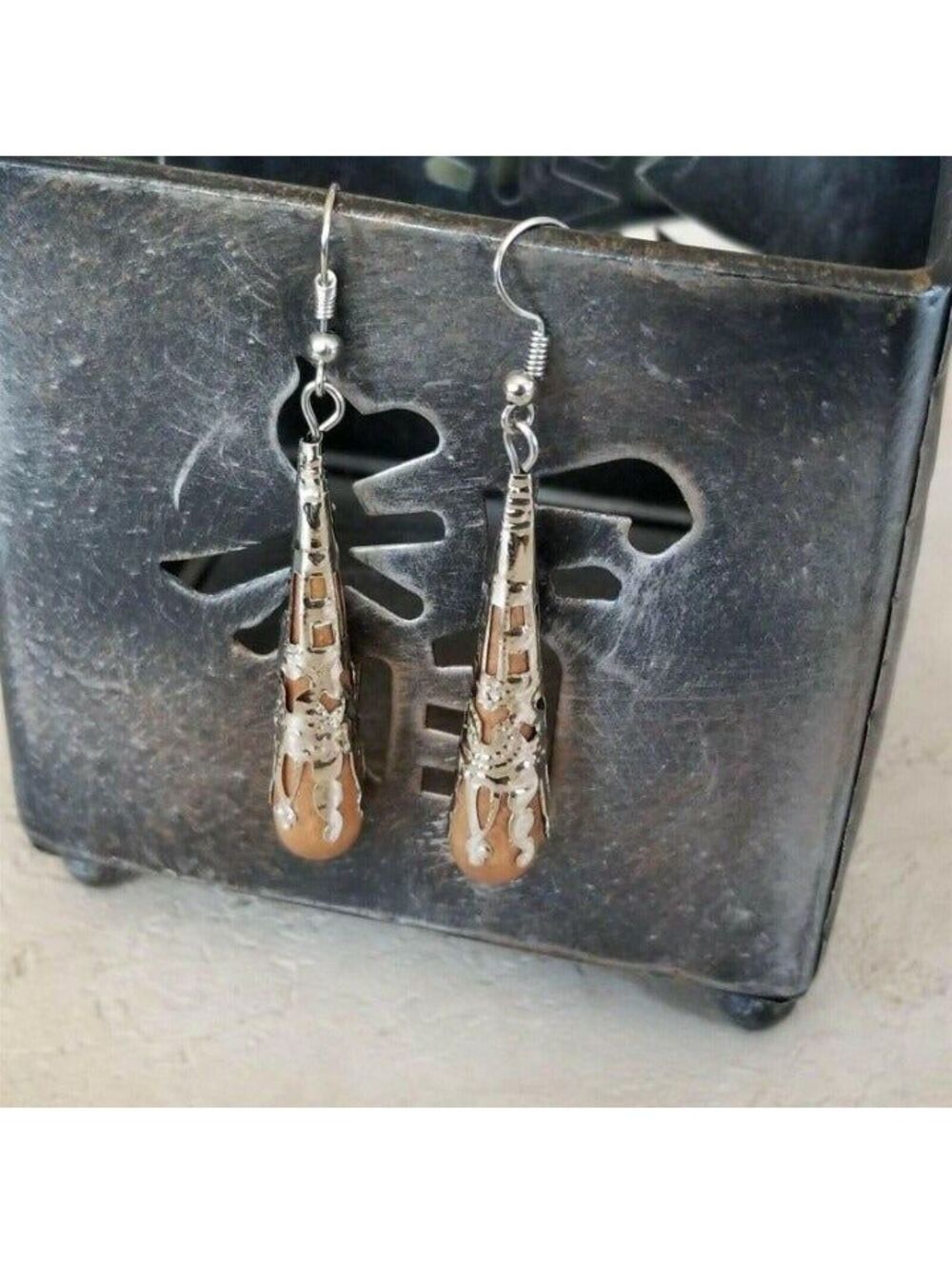 Lacy Victorian Style Brown Wood Silver Filigree Teardrop Earrings